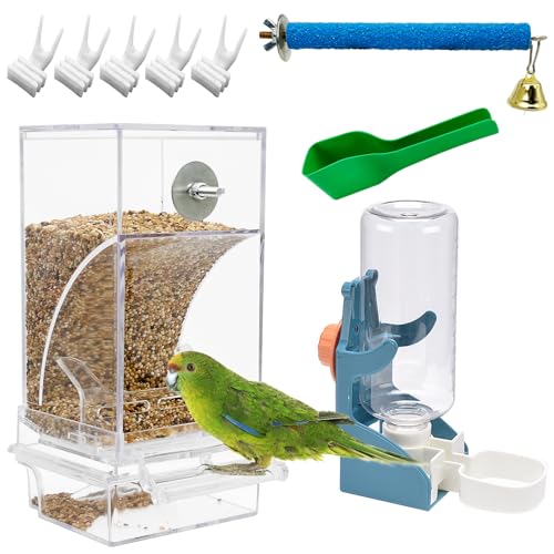 Apatal No Mess Vogelfutterspender Wasserspender Set mit 9 automatischen Papageienfutterspender Trinker Acryl Verstellbar Sittich Samen Futter Behälter Käfig Zubehör für Lovebirds Finken Wellensittiche von Apatal