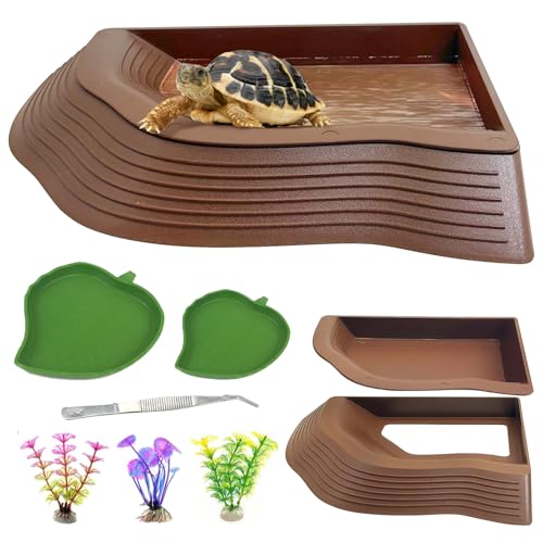 Apatal Reptilien-Badeschale 2-in-1 Schildkröte, Wasserschale mit Rampe, Schildkröten-Futternapf mit Stufen, Blätter, Reptilienfutter und Wasserschalen, 7 Stück, Gecko-Lebensraum, Dekoration, Zubehör, von Apatal