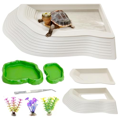 Apatal Reptilien-Badeschale 2-in-1 Schildkröte, Wasserschale mit Rampe, Schildkröten-Futternapf mit Stufen, Kunststoff, Reptilienfutter und Wasserschalen, 7 Stück, Gecko-Lebensraum, Dekoration, von Apatal