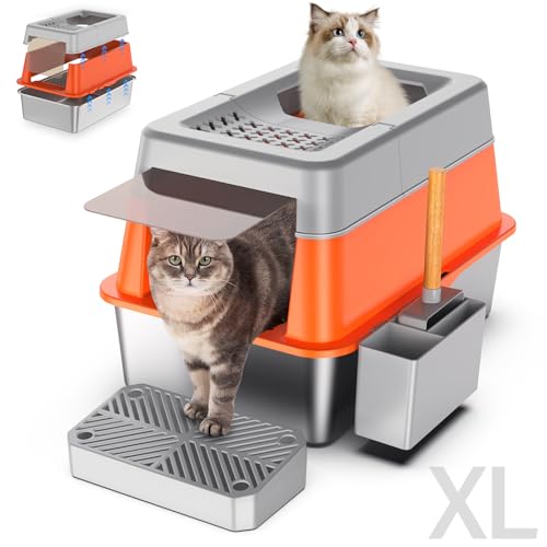 Katzentoilette aus Edelstahl mit Deckel, XL, extra groß, geschlossene Katzentoilette für große Katzen, 110° Klappdeckel, oberer Eingang, Metall, hohe Seitenklo & Pedal & Schaufel, Anti-Auslauf, Orange von Aphyxen