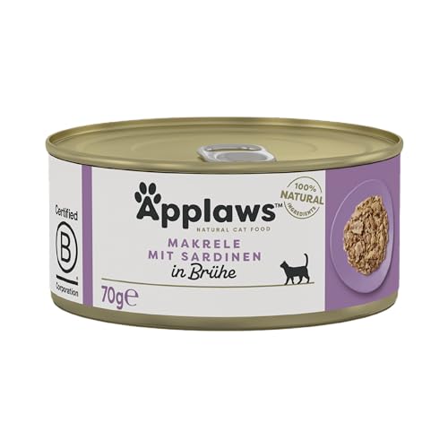 Applaws 100% natürliches Premium-Nassfutter für Katzen, Makrele mit Sardine in Brühe - Packung mit 24 x 70g Dosen von Applaws