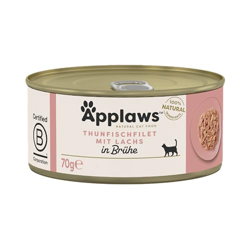 Applaws 100% natürliches Premium-Nassfutter für Katzen, Hühnerbrust und Thunfischfilet mit Lachs in Brühe - Packung mit 24 x 70g Dosen von Applaws