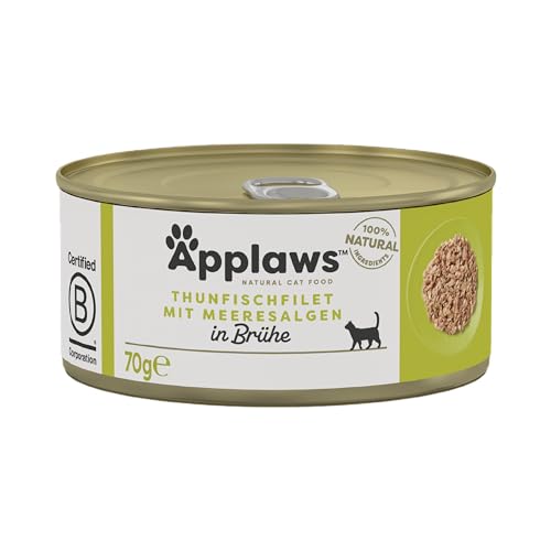 Applaws 100% natürliches Premium-Nassfutter für Katzen, Thunfischfilet mit Algen in Brühe für ausgewachsene Katzen - 24 x 70g Dosen von Applaws