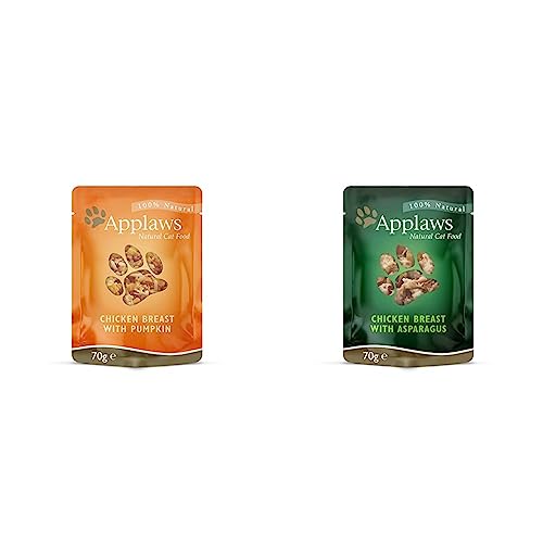 Applaws Katze Hühnchenbrust und Kürbis, 12er Pack (12 x 70 g) + Applaws Premium Natural Katzenfutter Nass, Huhn mit Spargel in Brühe 70 g Portionsbeutel (12x70g) von Applaws