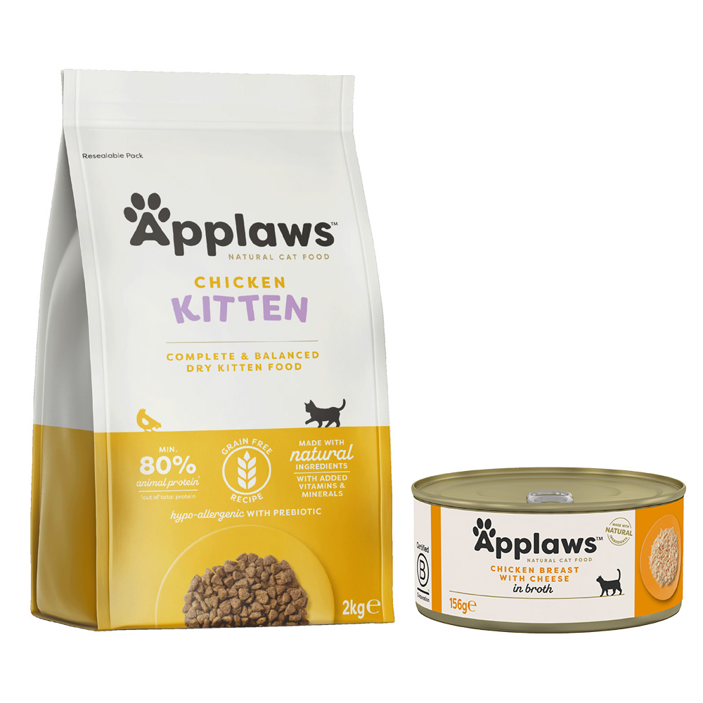 Applaws Mischfütterung: Trocken- & Nassfutterpaket - 2 kg Kitten-Trockenfutter + 6 x 156 g Hühnchenbrust & Käse von Applaws