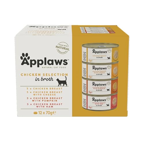 Applaws 100% natürliches Premium-Nassfutter für Katzen, Hühnerauswahl in Brühe für ausgewachsene Katzen - Packung mit 12 x 70g Dosen von Applaws