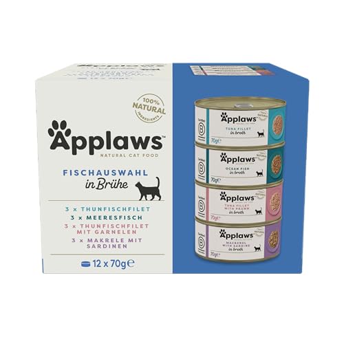 Applaws 100% natürliches Premium-Nassfutter für ausgewachsene Katzen, Fisch-Multipack-Auswahl in Brühe - Packung mit 12 x 70g Dosen von Applaws