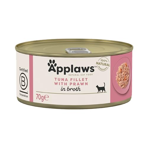 Applaws 100% natürliches Premium-Nassfutter für ausgewachsene Katzen - Thunfischfilet und Garnelen in Brühe - 24 x 70g Dosen von Applaws