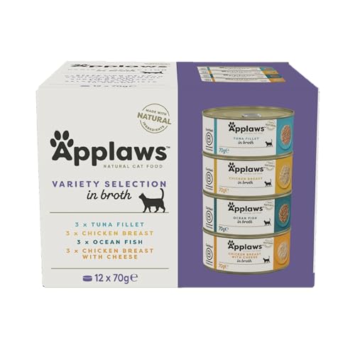 Applaws 100% natürliches Premium-Nassfutter für Katzen in Brühe für ausgewachsene Katzen - Thunfisch, Huhn, Meeresfisch Gemischte Auswahl in Brühe - Packung mit 12 x 70g Dosen von Applaws