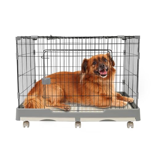 Apriltop 99x62x75cm Haustierkäfig mit 6 Universalrädern, Dog Kennel Indoor Large with 2 Doors, für Haustiere mit Einem Gewicht bis 20Kg, für Schlafzimmer Wohnzimmer Flur, Grau von Apriltop