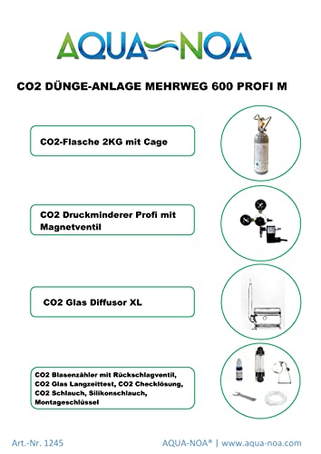 Aquarium CO2 Anlage 2kg Mehrweg Profi Komplett Set (fest montiertes Magnetventil (Nachtabschaltung), Glas Diffusor XL bis ca. 600L) von Aqua-Noa