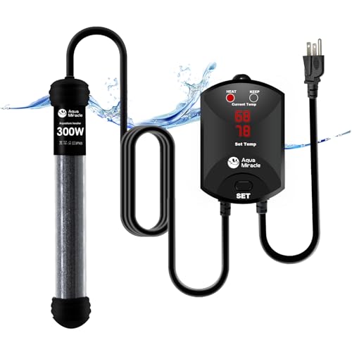 AquaMiracle Upgraded 300W Aquarium Heater Fish Tank Heater Turtle Heater Super Compact Aquarium Heizung, Trockenlauf-/Überhitzungsschutz und Memory-Funktion, Dual-LED-Display, für 12-18 Liter Tanks von AquaMiracle