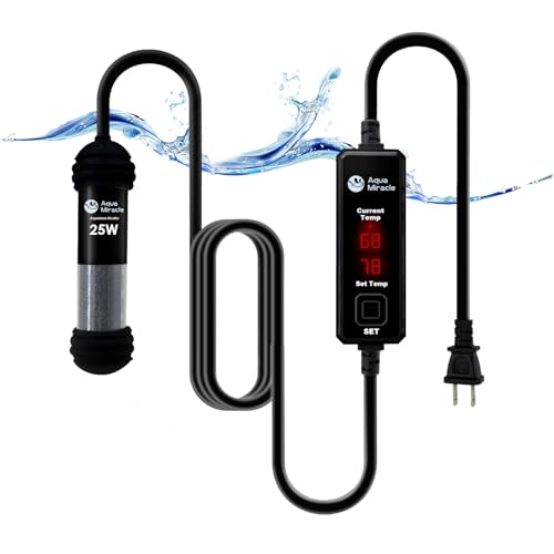 AquaMiracle Verbesserte 25 W kleine Aquarium-Heizung, Schildkrötenheizung, super Mini-Aquarium-Heizung, Trockenlauf-/Überhitzungsschutz und Memory-Funktion, Dual-LED-Display, für 3-5 Gallen-Tanks von AquaMiracle