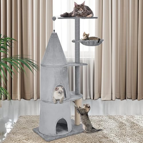 Arblina Indoor Katzenbaum Turm, 137cm Modern Castle Eck-Kratzbaum für Kätzchen und Große Katzen, Robustes Kratzbaumhaus Groß mit Hängematte und Sisal-Kratzbaum von Arblina