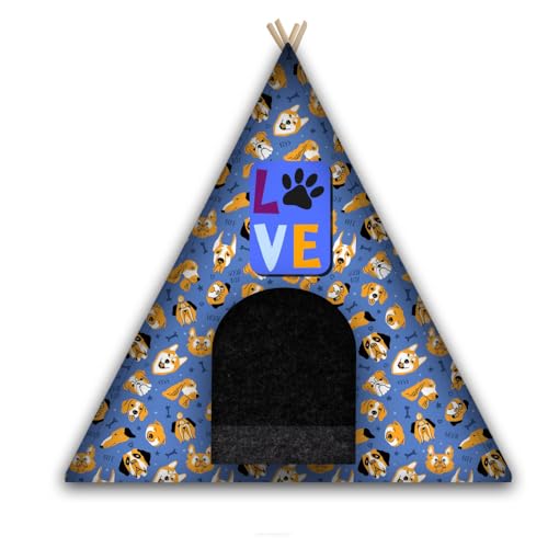 Arco Design Hundezelt Tipi Zelt Katzen Hund Katzentipi Mit Kissen 67x60x60 cm Katzenbett Hundebett Tierbett Maschinenwaschbar Filz Holz Love Dogs Blau L von Arco