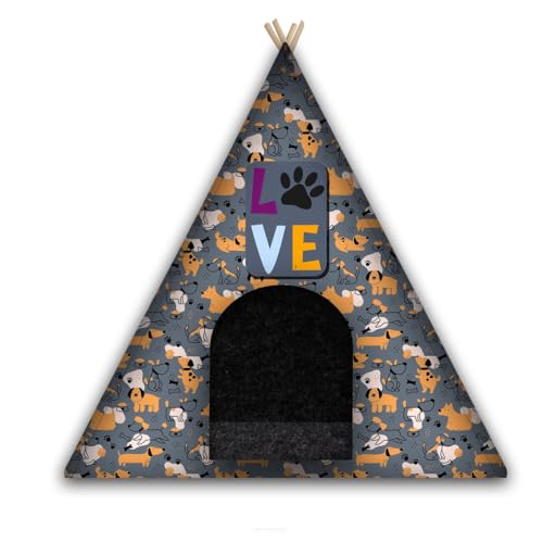 Arco Design Hundezelt Tipi Zelt Katzen Hund Katzentipi Mit Kissen 67x60x60 cm Katzenbett Hundebett Tierbett Maschinenwaschbar Filz Holz Love Dogs Grau L von Arco