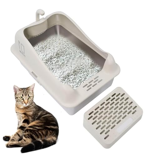 Extragroße Katzentoilette, Katzentoilette Aus Edelstahl Mit Hohen Wänden, Geruchsneutral, Nicht Klebend, Verhindert Urinverlust, Abgedeckte Katzentoilette Mit Fußteil/Schaufel,Beige von Aredwhiterui