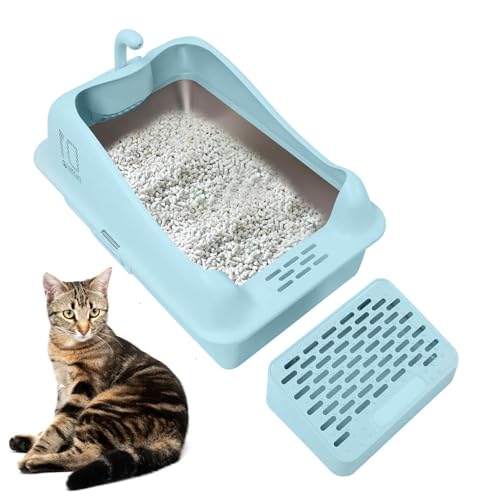 Extragroße Katzentoilette, Katzentoilette Aus Edelstahl Mit Hohen Wänden, Geruchsneutral, Nicht Klebend, Verhindert Urinverlust, Abgedeckte Katzentoilette Mit Fußteil/Schaufel,Blue von Aredwhiterui