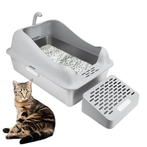 Extragroße Katzentoilette, Katzentoilette Aus Edelstahl Mit Hohen Wänden, Geruchsneutral, Nicht Klebend, Verhindert Urinverlust, Abgedeckte Katzentoilette Mit Fußteil/Schaufel,Grey von Aredwhiterui