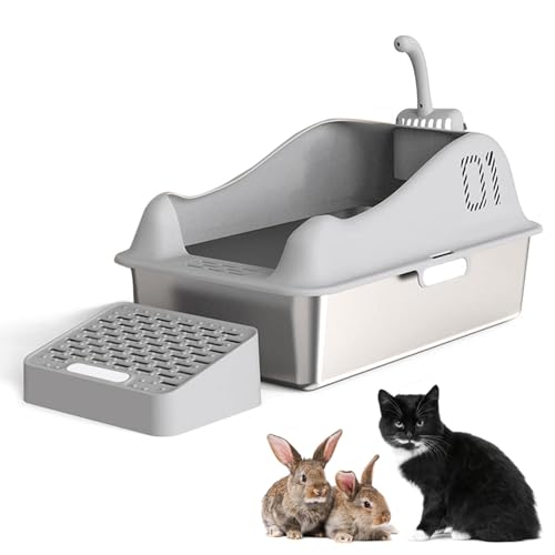 Extragroße Katzentoilette Aus Edelstahl, Katzentoilette Mit Hohen Seitenwänden Und Deckel/Trittbrett/Schaufel, Antihaftbeschichtet, Rostfrei, Leicht Zu Reinigen, Für Große & Mehrere Katzen,Grey von Aredwhiterui