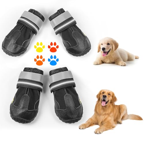 Arespark Hundeschuhe Pfotenschutzschuhe, 4 Stück atmungsaktive Hundeschuhe mit rutschfester Sohle,Reflektierende Schnallen,für mittlere bis große Hunde geeignet,Outdoor-Aktivitäten in Schwarz, Größe 6 von Arespark