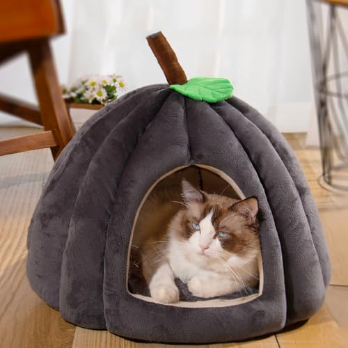 Kürbis-Katzenbett, süßes kürbisförmiges Katzenzelt mit abnehmbarem Kissen, geeignet für Kätzchen und kleine Hunde (Dark Gray, L: 22 * 22 * 16.9in) von Argumub