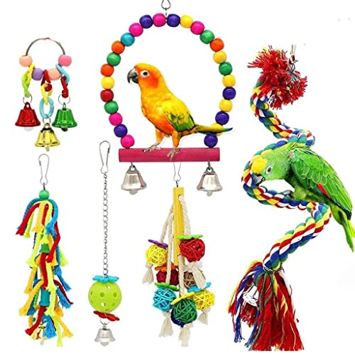 ArinkO 6-teiliges Papageien-Sittich-Vogelspielzeug-Set – interaktive hängende Glockenleitern, Kletterschaukel und Kauseilball von ArinkO