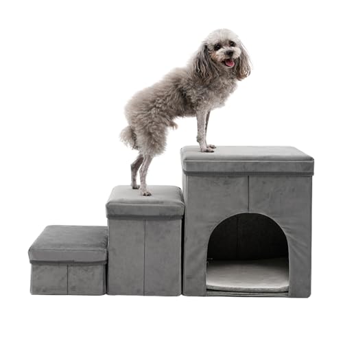 Arkyomi 3 Stufen hundetreppe für kleine Hunde hundetreppe mit stauraum für Bett Sofa 60cm hoch katzentreppe für alte Katzen Schwamm haustiertreppe grau blau von Arkyomi