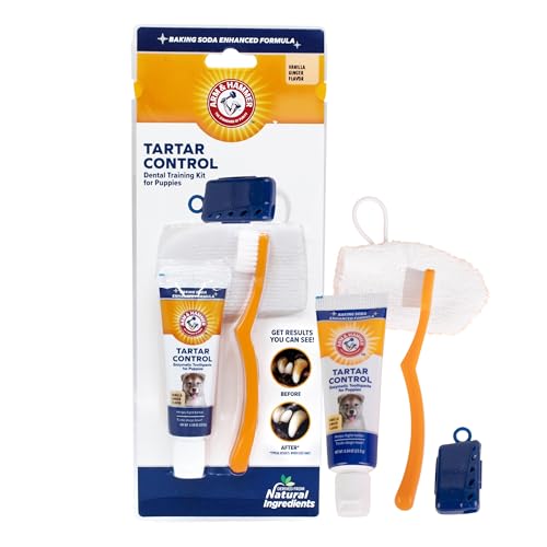 Arm & Hammer Zahnstein-Kontrolle für Haustiere, Zahnstein-Trainings-Set für Welpen, Hundezahnbürste, Zahnpasta und Fingerbürste, komplettes Set für ideale Zahngesundheit von Welpen, leckerer Vanille-Ingwer-Geschmack von Arm & Hammer