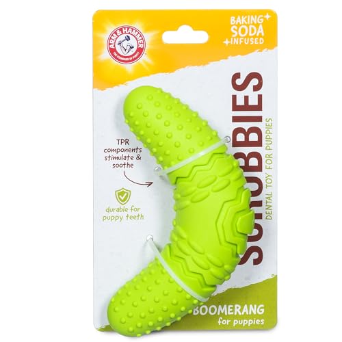 Arm & Hammer for Pets Scrubbies Bumerang Kauspielzeug für Welpen, mit Backpulver angereichert, langlebiges Zahnspielzeug mit einzigartiger Form zum Apportieren und Kauen, interaktives Zahnkauspielzeug von Arm & Hammer