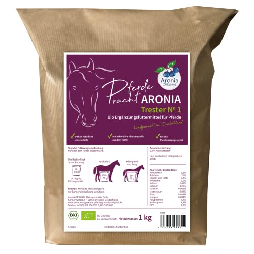 Aronia ORIGINAL Bio Aroniatrester Pur Nr. 1 für Pferde 1 kg - 100% Biologisch, Gesunde Haut & Vitalität, Ergänzungsfutter für alle Rassen, Handgemacht in Deutschland, Ohne Zusatzstoffe von Aronia Original