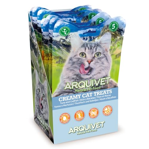 Arquivet - Creamy Cat Treats - Cremiger Thunfisch- und Kabeljau-Snack (Display mit 12 Beuteln à 5x14 g) - für Katzen von Arquivet