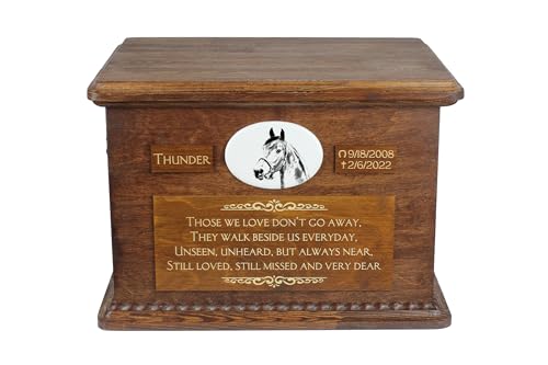 Art-Dog Big Urne für Pferdeasche - Handmade Memorial mit Foto - Personalisierte Pferd Urne mit Messing Griffe und Keramik-Plakette - 15,7x11,8x11 - Morgan Horse von Art-Dog