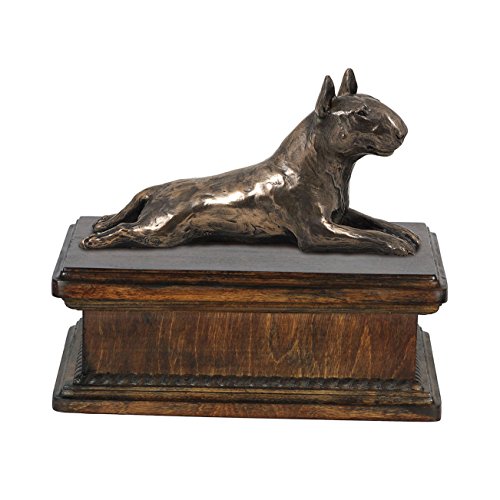 Art-Dog Custom Dog Mama Sitzende Statue Gedenkurne - Handgefertigte kaltgegossene Bronze auf Birkensockel - Urne für die Asche von Hunden - 24,5x29x21cm - 5l - Bullterrier I von Art-Dog