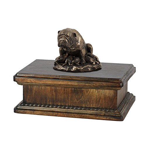 Art-Dog Custom Dog Mama Sitzende Statue Gedenkurne - Handgefertigte kaltgegossene Bronze auf Birkensockel - Urne für die Asche von Hunden - 24,5x29x21cm - 5l - Englische Bulldogge I von Art-Dog