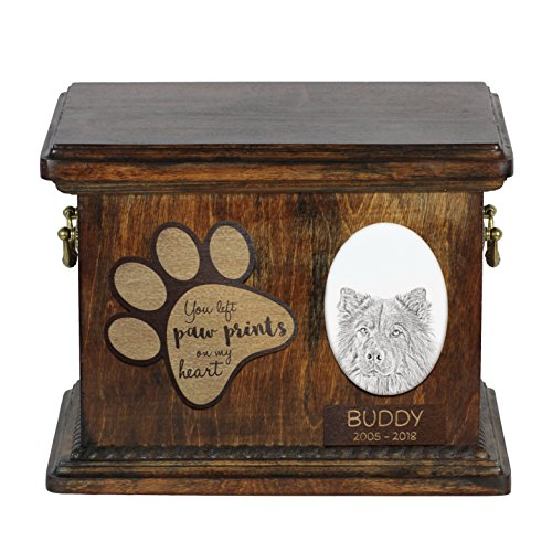 Art-Dog Custom Dog Memorial Urne - Handgefertigtes Bronzeportrait auf Birkensockel mit personalisiertem Keramikteller - Elegante Hundeeinäscherungsbox - 8,3x11,4x8,7" - Eurasier von Art-Dog