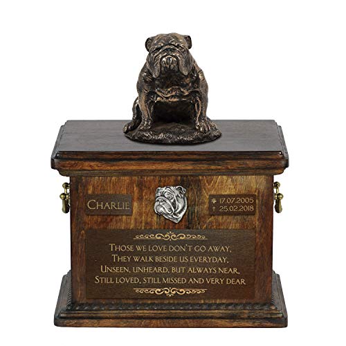 Art-Dog Custom Dog Sitzender Hund Statue Gedenkurne - Handgefertigte Kaltguss-Bronze auf Birke Basis - Urne für die Asche des Hundes - 8.3x11.4x8.7-5l - Englische Bulldogge IV von Art-Dog