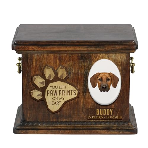 Art-Dog Custom Geometric Dog Memorial Urne - Handgefertigte Holzurne - Dekorativer Keramikteller - Maßgefertigte Hundeeinäscherungsbox für Asche - 8,3x11,4x8,7" - Rhodesian Ridgeback von Art-Dog