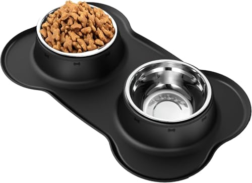 AsFrost Hunde Futternäpfe Edelstahl Hunde Futter Wassernäpfe, Hunde Geschirr Set mit Kein Verschütten rutschfeste Silikonmatte, Doppel-Futternäpfe für Kleine Mittlere Große Größe Hunde Haustiere Katzen Welpen, Schwarz von AsFrost