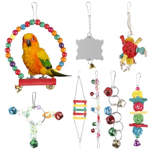 8 Stück Vogelspielzeug Set, Vogelkäfig Spielzeug, Vogel Spielzeug, Bunte Glocke Holzleiter Vogelschaukel Sitzplatz Kauspielzeug für kleine Wellensittiche Papageien Sittiche Nymphensittich von Asfrode