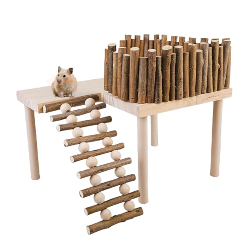 Asfrode Hamster Plattform mit Kletterleiter, Hamster Klettern Spielzeug Kletterplattform Holz Hamster Aktivität Plattform mit Leiter Holzständer Regal für Hamster Golden Bear Hamster von Asfrode