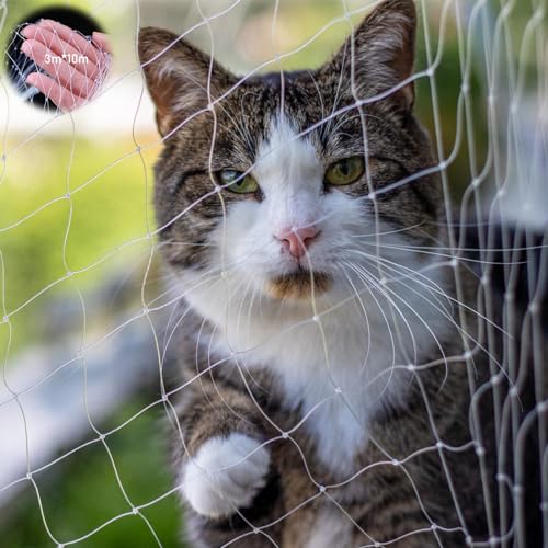 Asfrode Katzennetz, 3 x 10 M Katzennetz für Balkon Ohne Bohren, Transparent Sicherung Hochfest Balkonnetz für Katzen für Katzen zur Sicherung von Balkon, Terrassen, Fenstern, Dachluken von Asfrode