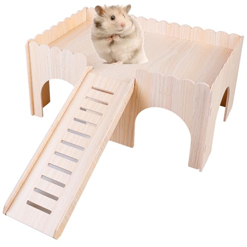 Asfrode Meerschweinchen Haus mit Rampe 4 Eingänge, 38 x 25 x 18 cm Groß Hamster Haus Holz Spielzeug Meerschweinchen Zubehoer Kaninchenhaus von Asfrode