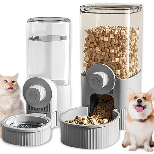 Automatischer Futterspender, Futterautomat Katze 520ML Schwerkraft Wasserspender und 1.2L Futterautomat Katze & Hund für Nass-/Trockenfutter, für kleine, mittelgroße und große Haustiere (Grau) von Asfrode