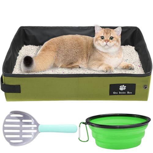 Faltbare Katzentoilette, 40 * 30cm Tragbare Katzenklo für Reisen, Portable Katzenklo Katzentoilette, wasserdichte Tragbare Katzentoilette mit 1 Zusammenklappbaren Schüssel und 1 Schaufel (Grün) von Asfrode