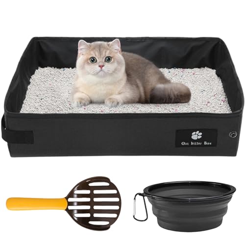 Faltbare Katzentoilette, 40 * 30cm Tragbare Katzenklo für Reisen, Portable Katzenklo Katzentoilette, wasserdichte Tragbare Katzentoilette mit 1 Zusammenklappbaren Schüssel und 1 Schaufel (Schwarz) von Asfrode