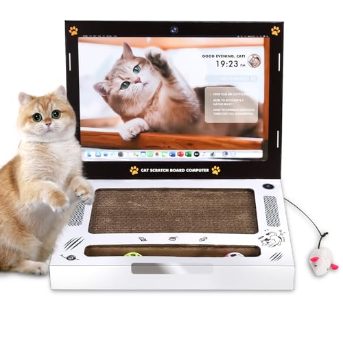 Kratz-Laptop aus Pappe für Katzen, 2-in-1 Wellpappe Katzenkratzer mit Plüschmaus, Kratzspielzeug, Interaktives Katzenspielzeug Kratzmatte Kratzpappe für Indoor Katzen, Kratzmatte Katzenspielzeug von Asfrode