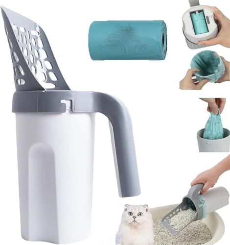 Meowbud Kotschaufel, Katzenstreuschaufel, berührungslose Katzentoilettenschaufel, tragbare Streuschaufel mit Taschen, abnehmbare Streuschaufel mit drehbarem Verschluss-Design (Schaufel + 1 Tasche) von Ashopfun