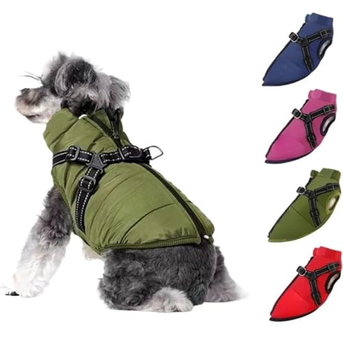 Asiasioc Furry King Hunde-Wintermantel mit Geschirr, super warmer Hunde-Wintermantel mit Geschirr, wasserdicht, Welpenbekleidungsset (Grün, M) von Asiasioc