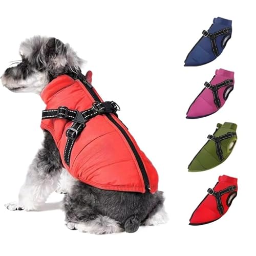 Asiasioc Furry King Hunde-Wintermantel mit Geschirr, super warmer Hunde-Wintermantel mit Geschirr, wasserdicht, Welpenbekleidungsset (Rot, L) von Asiasioc